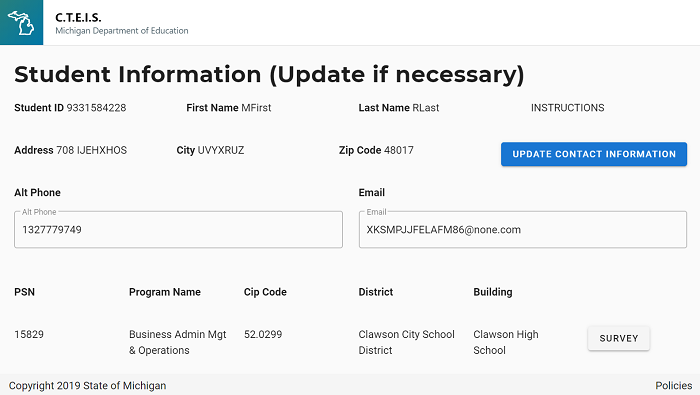 Image of Student Information Display and Edit Options